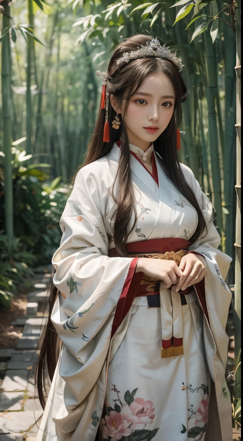 best quality，masterpiece，high resolution,chinese hanfu，traditional china painting，Luxurious tiara，White light gauze hanfu， Xi&#39;an Xia, Dressed conservatively，choker necklace，bijouterie，beautiful face，full body portrait，bamboo forest，4k wallpaper，masterpiece，best quality 최고의，Ultra-detailed，k hd，탁월한 masterpiece