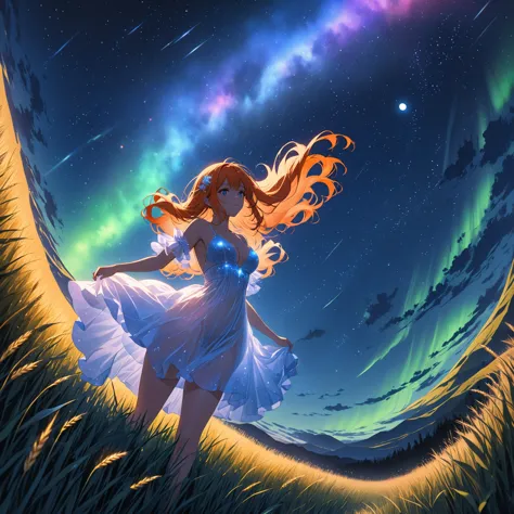 1 girl, alone, long orange hair, standing looking at the sky, revealing white dress, starry night, night with northern lights, f...