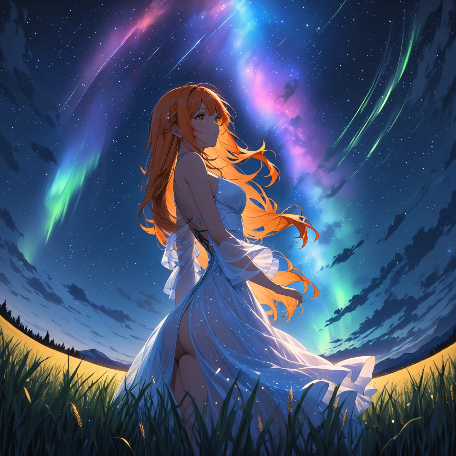 1 girl, alone, long orange hair, standing looking at the sky, revealing white dress, starry night, night with northern lights, fantasy night, giant moon, on a wheat background, view from below.