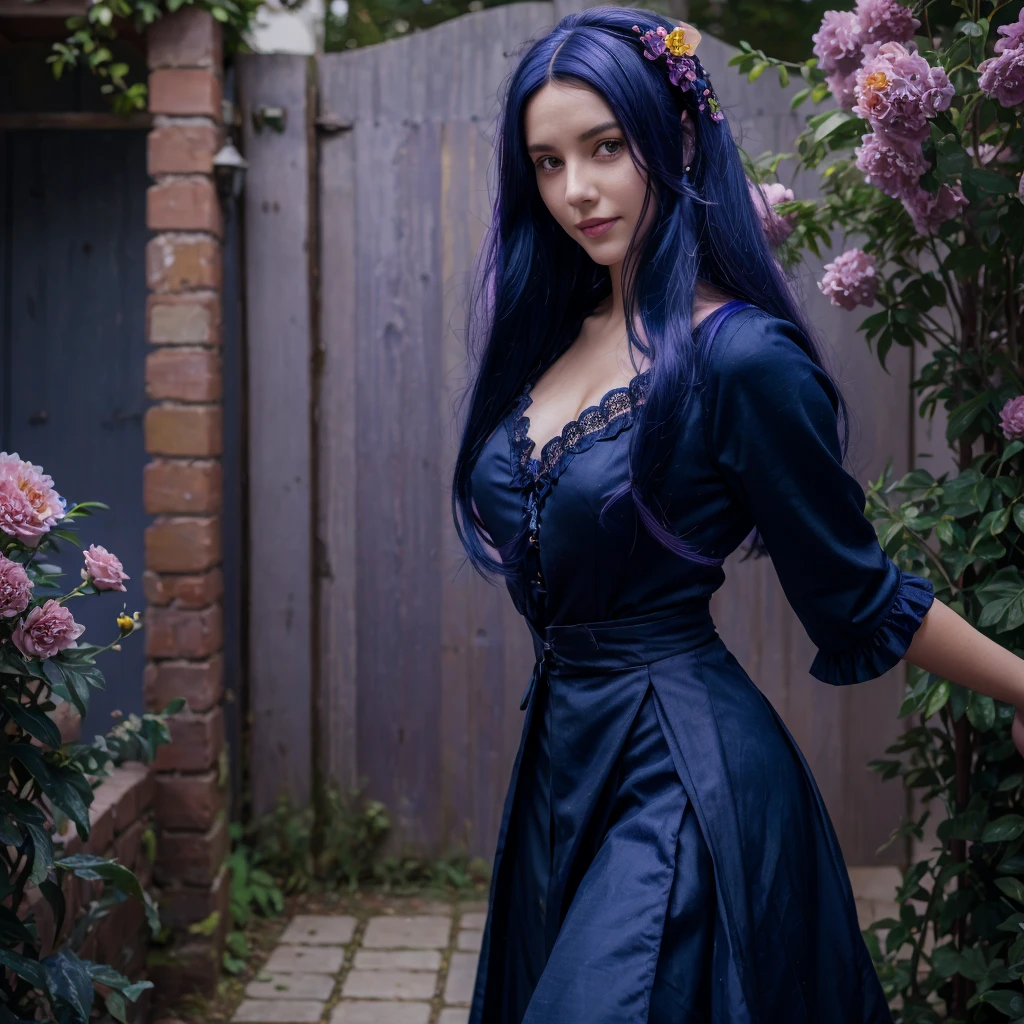 (absurdres, highres, ultra detailed), masterpiece, hinata(boruto), ((solo)), 1girl,medium breasts, long purple victorian style dress, closed mouth, (((long hair))),standing, the bodice and the skirt pattern, frill skirt, lace, blink blink effect, (((detailed lips))), garden, pink and yellow flowers,  ((realistic skin)), glowing skin, ((glossy red lips)), purple eyes, portrait, beautiful, smile, (((dark blue hair))), bust crop, normal skin