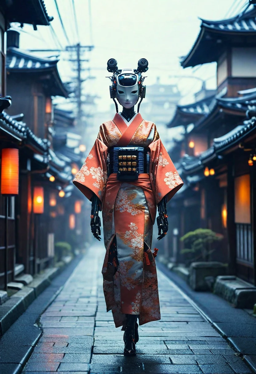 Creating an image of a female android in a beautiful kimono walking through the streets of Kyoto. The style is terrible, and the fusion of humans and robots has a mysterious and creepy atmosphere amidst the beauty. In the background is an old Japanese cityscape. It has a long neck made of machines and wears a mask. Imagine a strange and eerie picture - Ar 9:16.
creepy atmosphere, fusion, horror, Japanese cityscape, long neck, robots, v 6