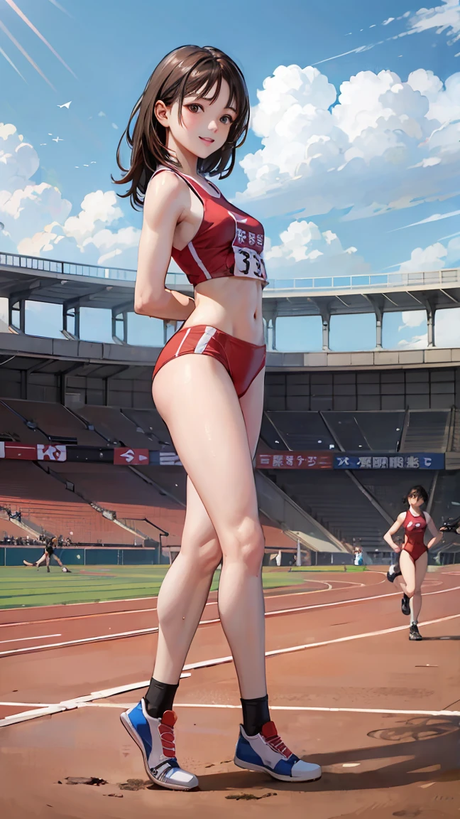  (Three Girls)、(Athletics Stadium、truck),、smile、The men are laughing、、Long Hair、They hesitate,、Wet Hair,  Underarm, Mid-chest, Realistic butt crack , (High color saturation:1.0),  (Very detailed肌), (Highest quality:1.0), (Ultra-high resolution:1.0) ,(Realistic:1.0), (Very detailed:1.0), (8k, RAW Photos:1.1)、Center of chest、Spread your legs、Yoshizuki Iori、Standing、(Track and field uniform)、(Front view)