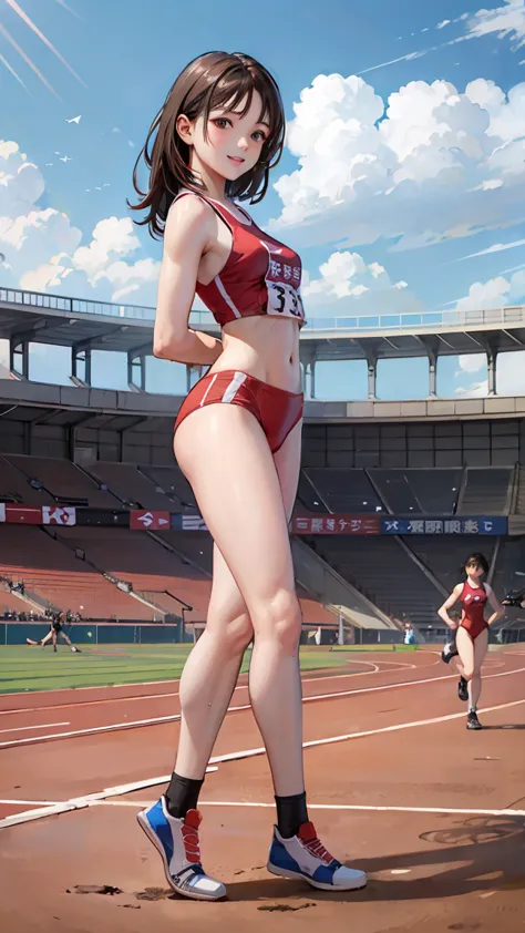 (three girls)、(athletics stadium、truck),、smile、the men are laughing、、long hair、they hesitate,、wet hair,  underarm, mid-chest, re...