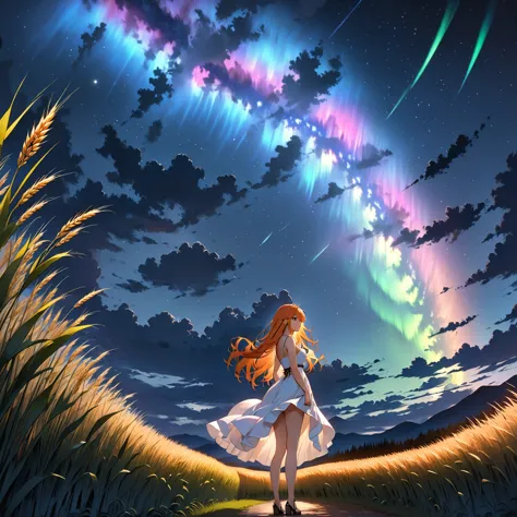 1 girl, alone, long orange hair, standing looking at the sky, revealing white dress, starry night, night with northern lights, f...