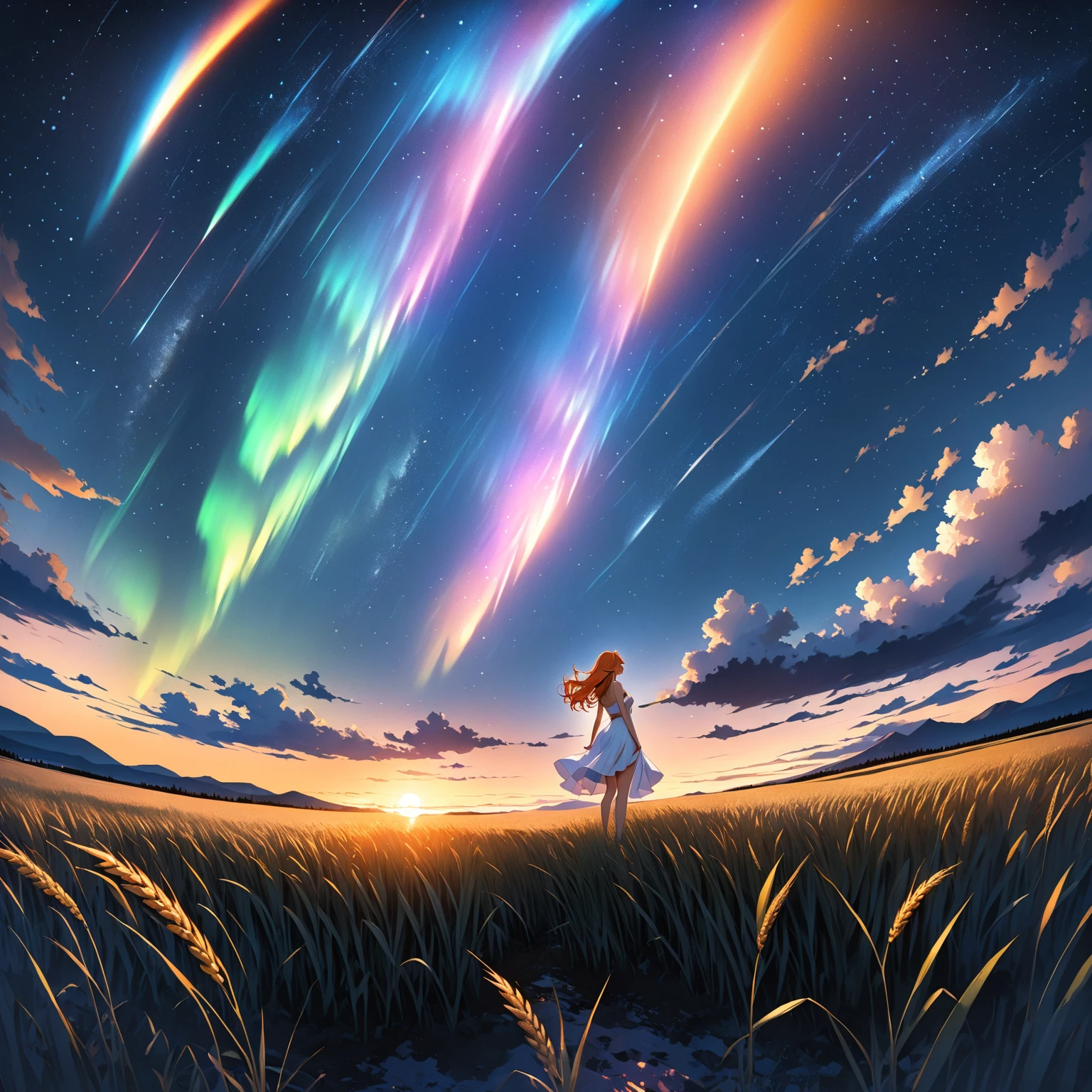 1 girl, alone, long orange hair, standing looking at the sky, revealing white dress, starry night, night with northern lights, fantasy night, giant moon, on a wheat background, view from below.