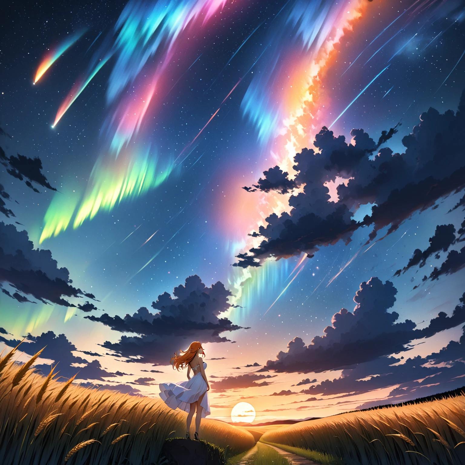 1 girl, alone, long orange hair, standing looking at the sky, revealing white dress, starry night, night with northern lights, fantasy night, giant moon, on a wheat background, view from below.