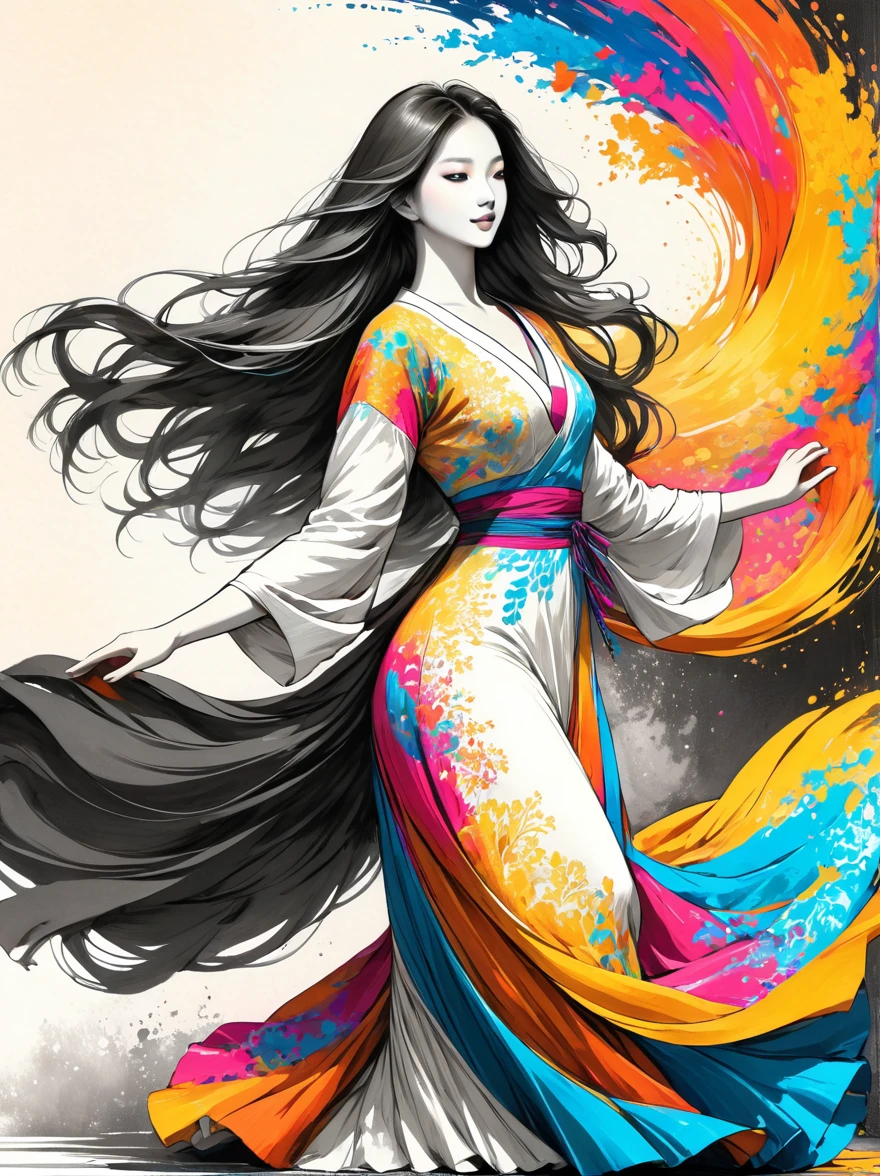 a beautiful female dancer gracefully moving,flowing dress,flowing long hair,dynamic pose,charcoal sketch style,black and white transition to vivid colors,seamless integration,detailed left side,colorful right side,high contrast,masterpiece