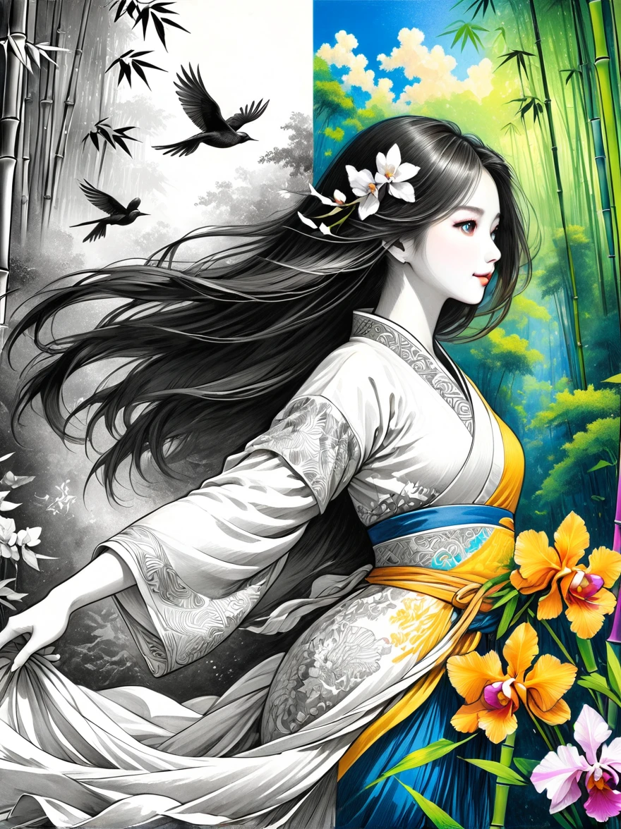 A beautiful female dancer, Floating clothes, Flowing long hair,Dynamic poses,

((bamboo forest))，[[[orchid]]]，[[[bird]]]，Works should be rendered in pencil sketch style，Transition from black and white on the left half to bright colors on the right half，Ensure seamless integration between the two halves，No dividing line，The scene is the same on both sides，Black and white pencil detail on left side，Right fill color，The mixture formed in the whole image，Perfect details, Strong contrast between light and dark