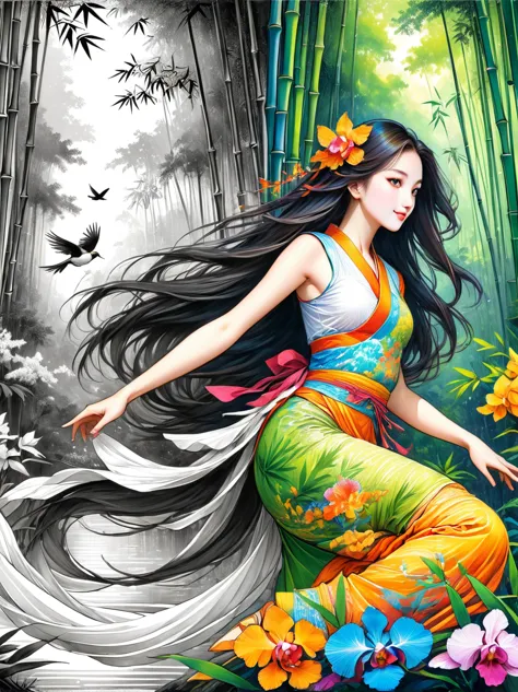 a beautiful female dancer, floating clothes, flowing long hair,dynamic poses,

((bamboo forest))，[[[orchid]]]，[[[bird]]]，works s...