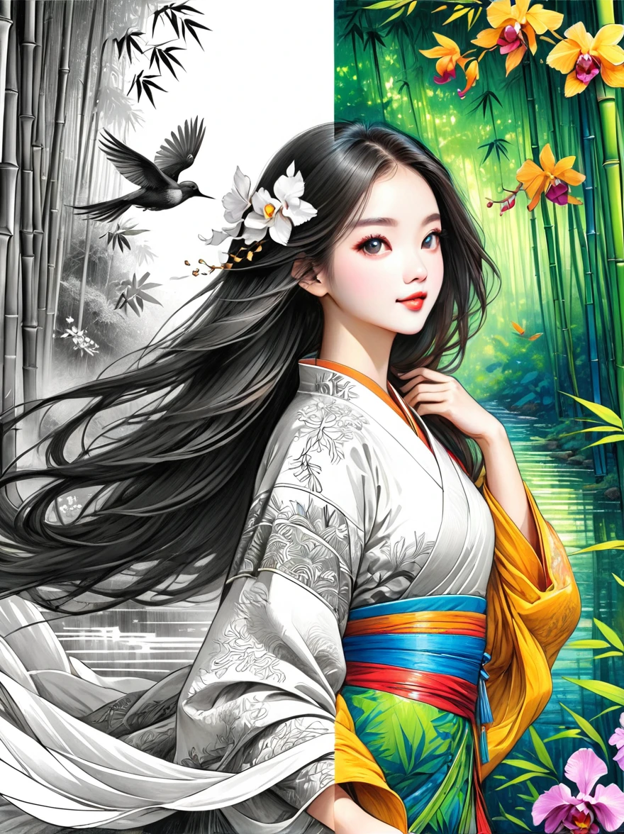 A beautiful female dancer, Floating clothes, Flowing long hair,Dynamic poses,

((bamboo forest))，[[[orchid]]]，[[[bird]]]，Works should be rendered in pencil sketch style，Transition from black and white on the left half to bright colors on the right half，Ensure seamless integration between the two halves，No dividing line，The scene is the same on both sides，Black and white pencil detail on left side，Right fill color，The mixture formed in the whole image，Perfect details, Strong contrast between light and dark