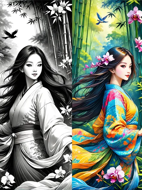 a beautiful female dancer, floating clothes, flowing long hair,dynamic poses,

((bamboo forest))，[[[orchid]]]，[[[bird]]]，works s...