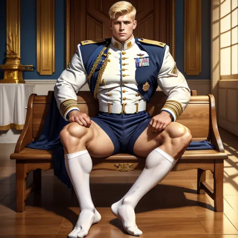 full view full body, one elite military school white blonde guy with military haircut, in navy-blue and gold leather uniform, na...