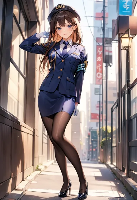 uniform buttons、collared shirt、black tie、navy blue pencil skirt、black pantyhose、uniform jacket、black pumps、white gloves