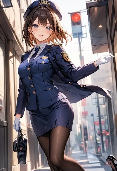 uniform buttons、collared shirt、black tie、navy blue pencil skirt、black pantyhose、uniform jacket、black pumps、white gloves