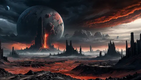 describe a planet with a landscape of craters, charred wastelands, and war-torn structures. the sky is a bright, ominous red. th...