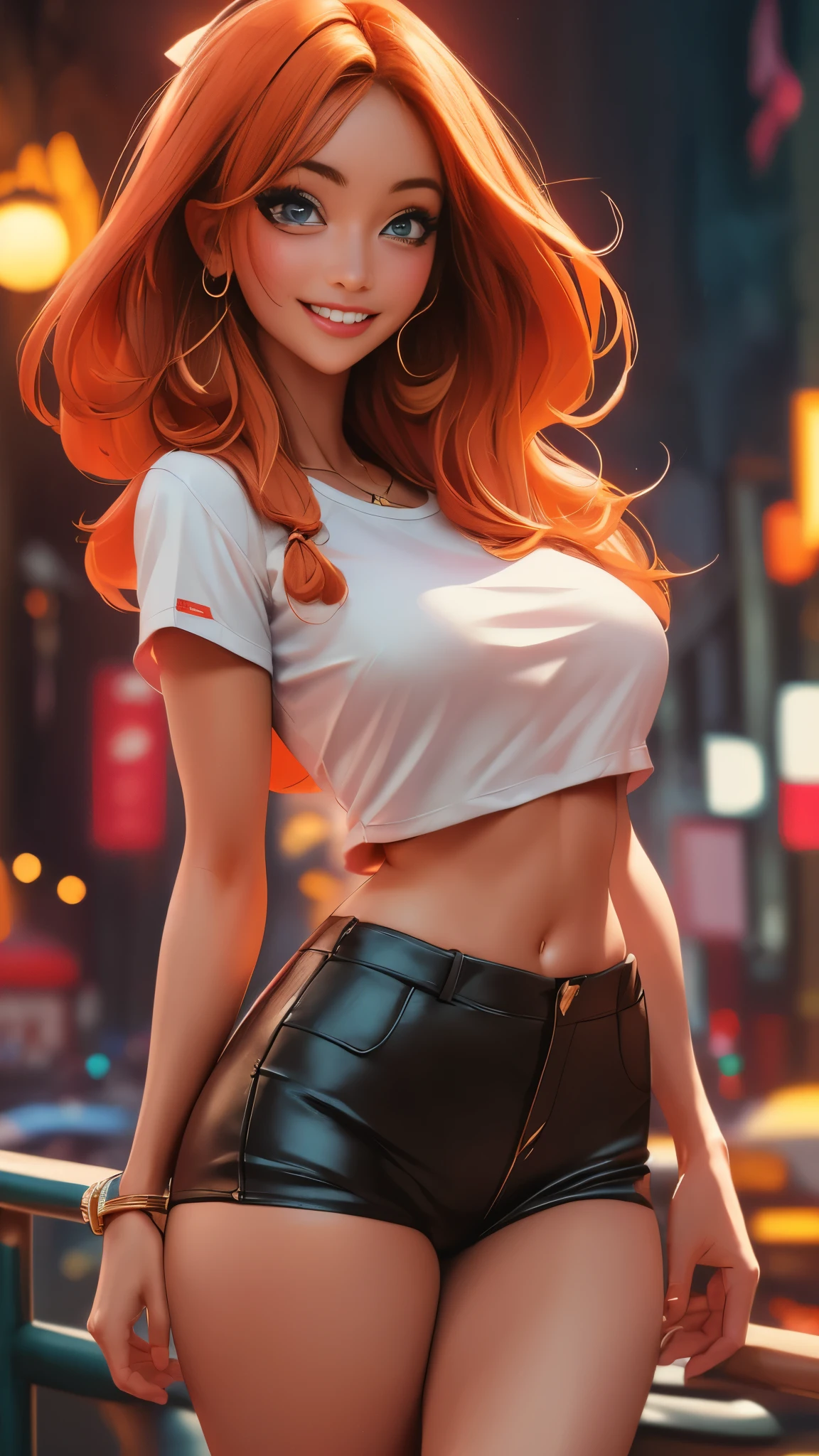 (best quality,4k,8k,highres,masterpiece:1.2),ultra-detailed, 1woman, gyaru, five foot five inches tall, ginger colored hair, mole by her left eye, wide hips, hot pants, t-shirt, seductive pose, smiling lustfully, looking at viewer lovingly, ((intricate detail)),(((realism))), HDR, 8k, absurdres, cinestill 800, sharp focus, add_detail:2, (solo, woman)
