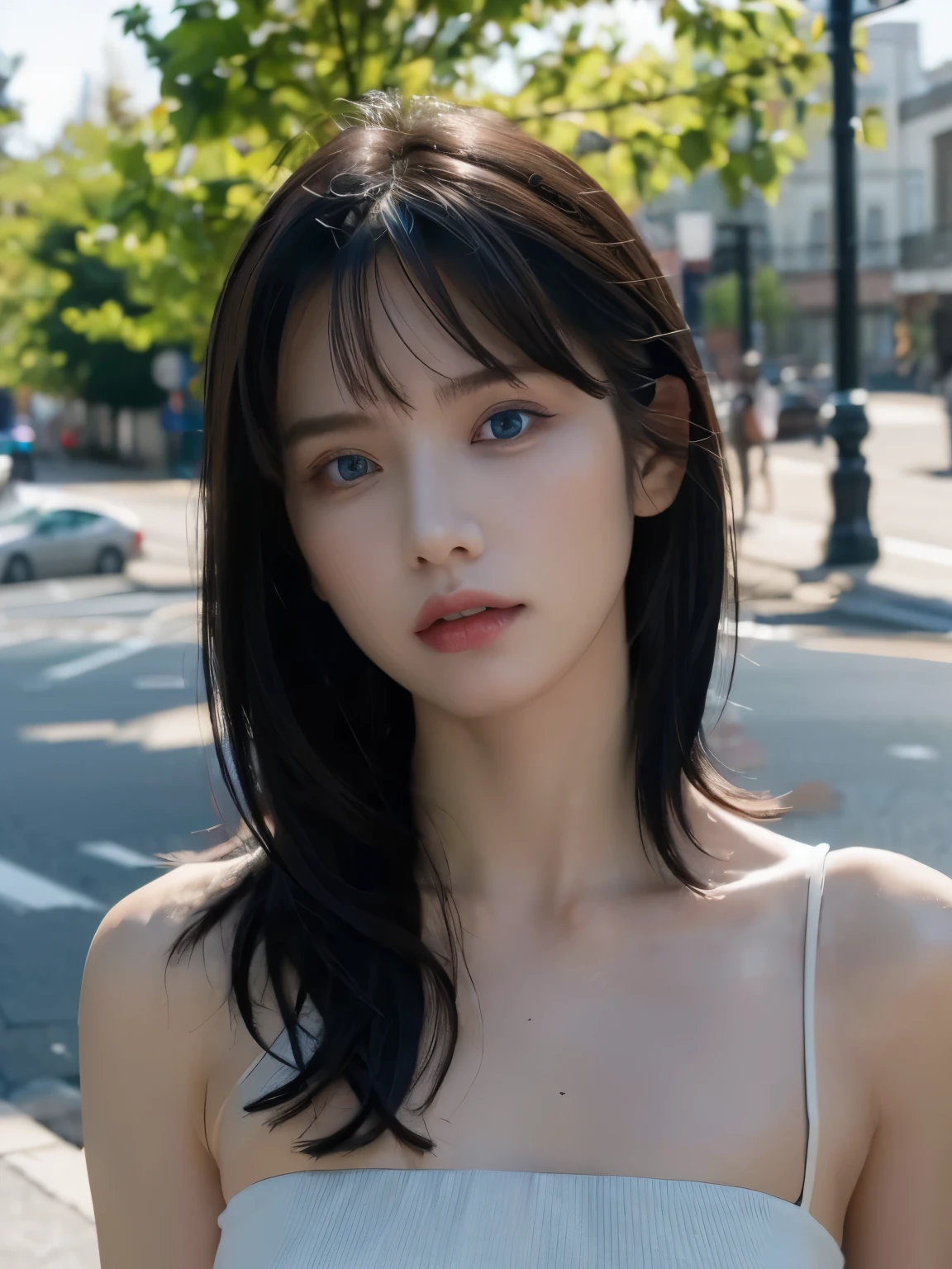 ( masterpiece, top quality, best quality,8k, girl,very detailed,RAW photos:1.5),(realistic:1.4), (short straight hair,forehead, black hair:1.5), (movie lights), PerfectNwsjMajic, , surrealism, uhd, accurate, super detail, textured skin, high detail, best quality, dynamic angle, (high nose,White skin),[beautiful blue eyes],[flat chest:big bust:0.5],(1girl,Cool tone color grading),(good anatomy:0.5)),(out)