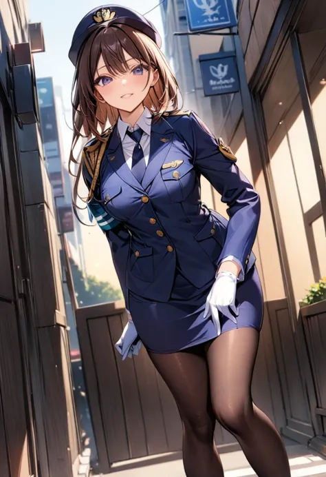 uniform buttons、collared shirt、black tie、navy blue pencil skirt、black pantyhose、uniform jacket、black pumps、white gloves