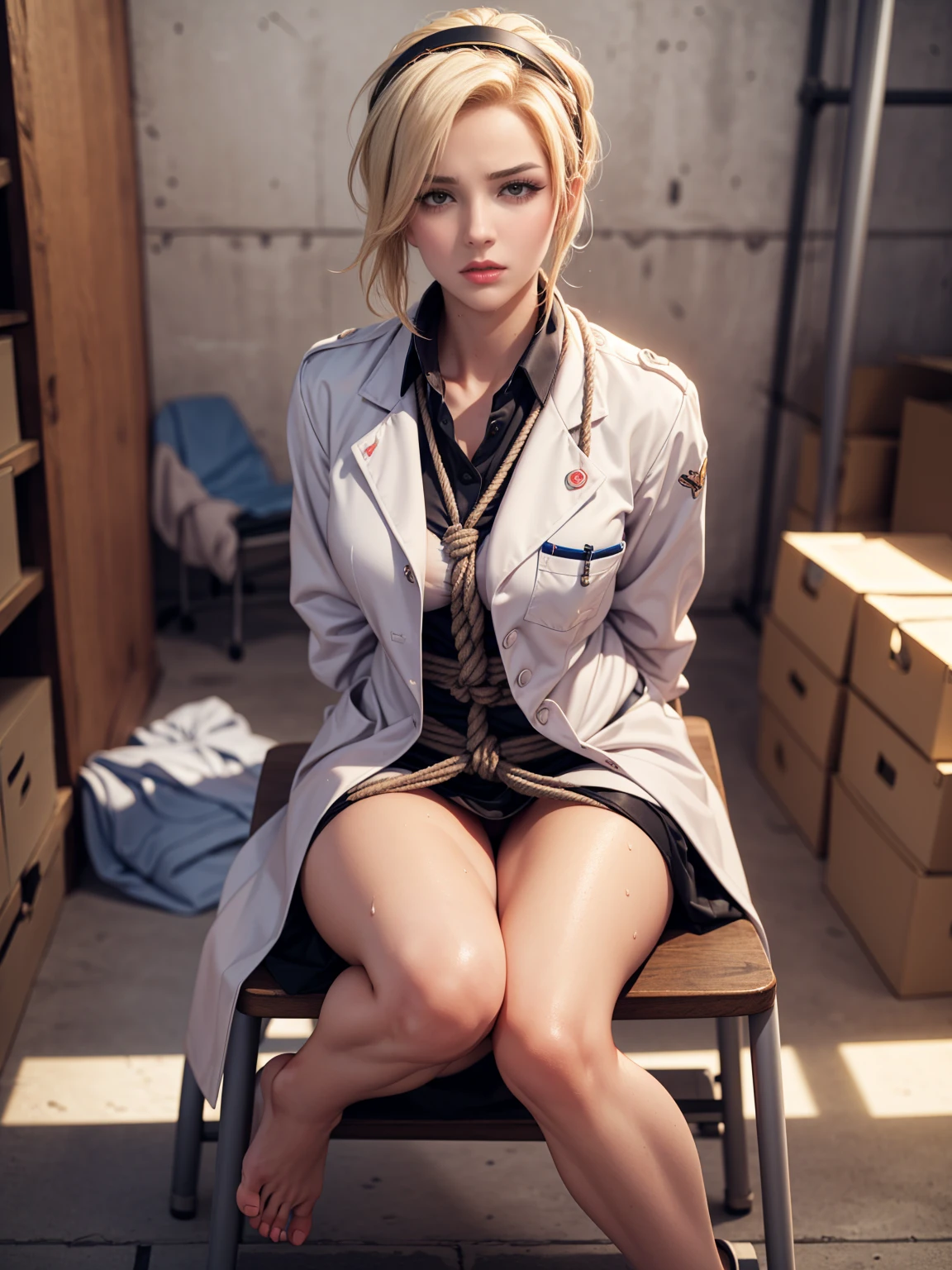 Beautiful,woman, Mercy from overwatch, blonde wet hair, hairband, dewy complexion, long eyelashes,soft-petalled lips,(beautiful detailed lips:1.1),(medium breasts:0.9),youthful appearance, blonde locks cascading down, seductive sexy pose,(empty warehouse background:1.1),soft sunlight, pastel color palette,(best quality:1.2),(highres:1.1),(realistic:1.37),(physically-based rendering:1.1),(vivid colors:1.1),(soft lighting:1.1), full body, (((visible feet))), (((wearing a doctor coat))), black skirt, pink blouse, heels. panties. sweaty, blushed, (((sitting on chair))), (((tied hands with ropes))), (((arms behind back))), tied to a chair, (((panic face))), (((frightened))), (((struggling))), front view, small panties