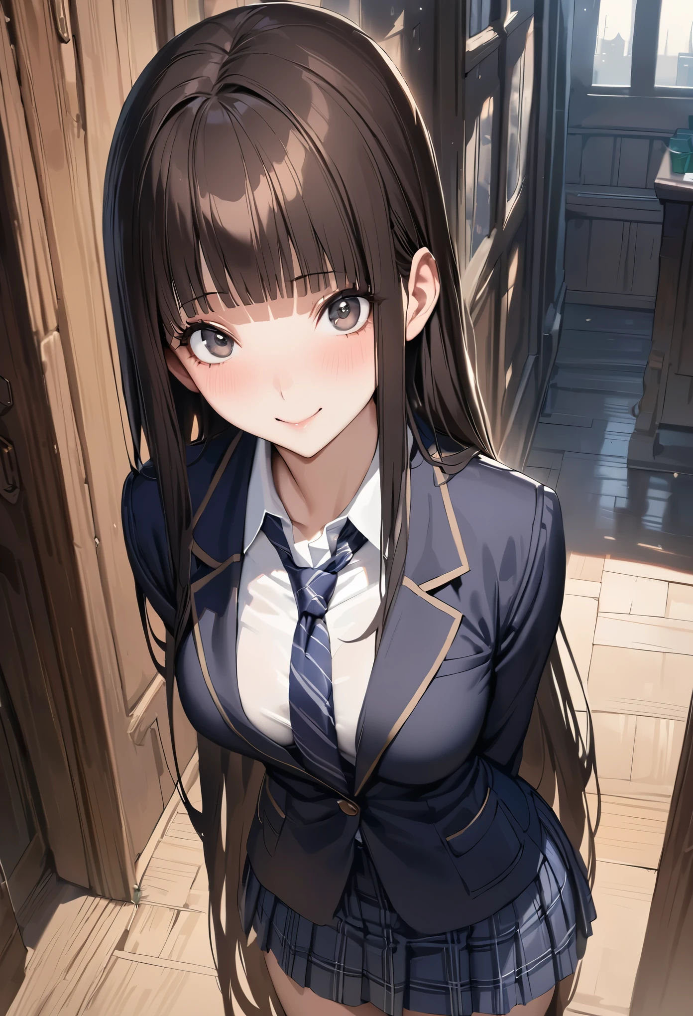 Fantasy art、((masterpiece,best quality anime,Highest quality:1.3)),realistic,portrait,1woman,(Mature Beauty),((very small head:1.4)),((very long body:1.3)),long hair,black hair,bangs,(gorgeous big eyes),black eyes,smile,(School uniform、Dark blue blazer jacket、Navy blue tie、Dark blue plaid mini skirt),white collared shirt,((slender body:1.3,skinny:1.2)),medium breasts,standing,Old school building、Harry Potter World,