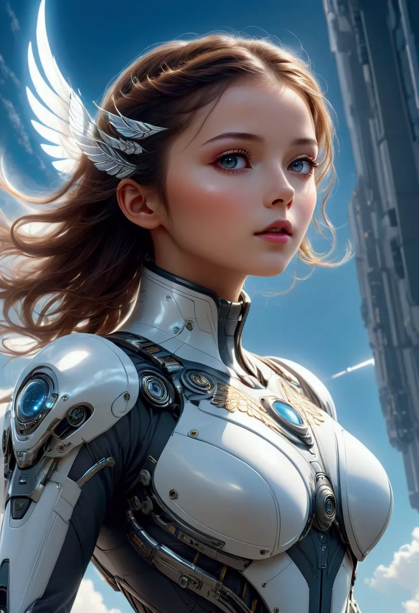 photorealistic image of ai girl in exosuit as supermodel with a jet wings soaring to the sky leaving light trail behind her, int...