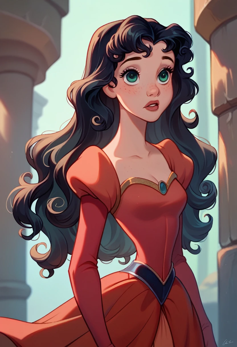 One girl, black hair, light green eyes, curly hair, long hair, curly bangs, eyelashes, freckless, medium breasts, detailed eyes, detailed lips, princess dress, long sleeve dress, red dress, disney style