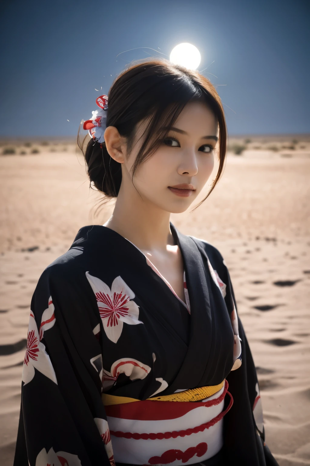 1 girl, (Wearing a cute red yukata:1.2), Very beautiful Japanese idol portraits, 
(RAW Photos, Highest quality), (Realistic, Realistic:1.4), (masterpiece), 
Very delicate and beautiful, Very detailed, 2k wallpaper, wonderful, finely, Very detailed CG Unity 8K wallpaper, Very detailed, High resolution, Soft Light, 
Beautiful detailed girl, Very detailed目と顔, Beautiful and sophisticated nose, Beautiful and beautiful eyes, Cinema Lighting, 
(Standing in the Sahara Desert on a moonlit night:1.3), (Big Moon), (月明かりに浮かぶ少女のwhole bodyのシルエット), (Dark screen:1.5), 
(Medium Hair), (Tie your hair back), (whole body), 
Complete Anatomy, Slender body, Small breasts