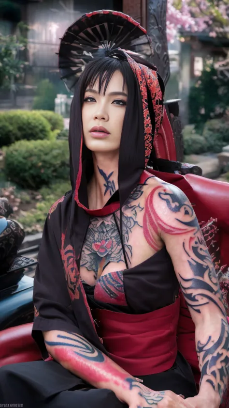 japanese-inspired (tattoo art:1.5) fierce dragon, alluring geisha, cleavage, flowing ebony hair cascading down, captivating symm...