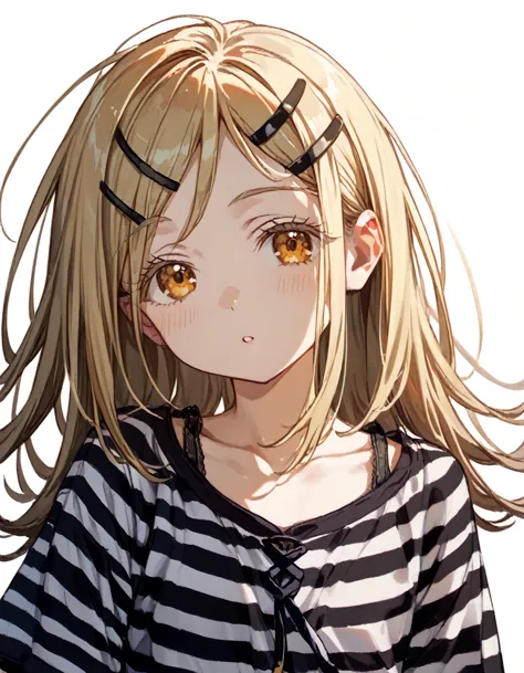 shinosawa hiro,slender,amber eyes,white eyelash,blonde hair,long hair,hairclip,white background,flat chest,black striped shirt