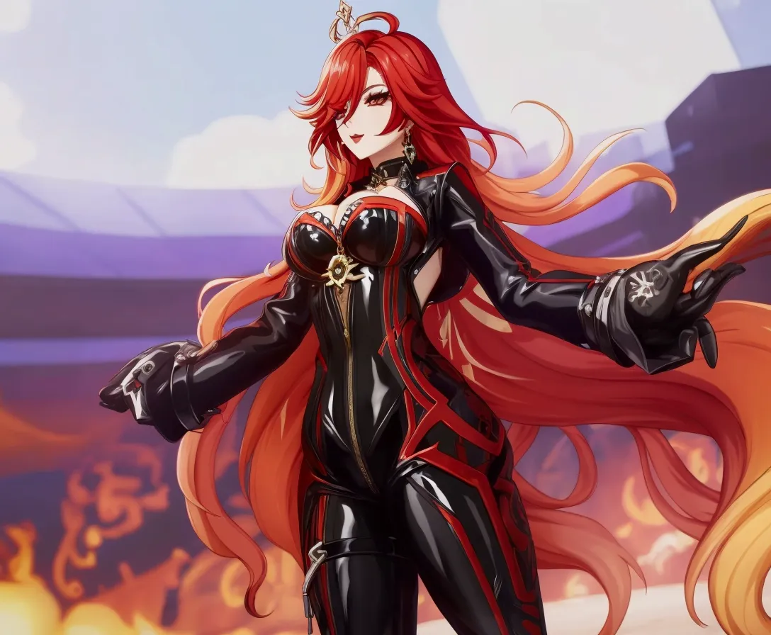 a woman in a latex black outfit with long red hair ,big breast ,mauvika genshin impact