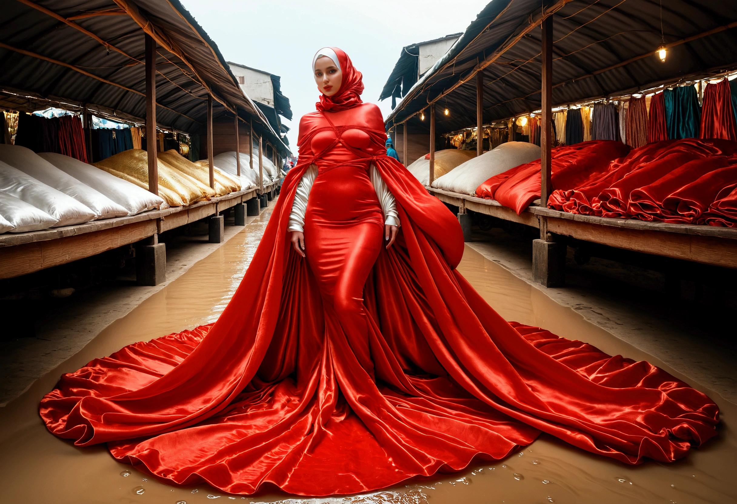 A woman shrouded in a 9-meter-long, plush red satin cloth, tightly bound and grandly draping along the form of her body, flowing off into a pooled floor-length train, styled in a mermaid-inspired outfit with ballon sleeve, her head modestly veiled in a satin hijab, tall woman, walk in wet traditional market, a full-body pose conveying a sense of elegance, captured in a 4k resolution, ultra-realistic