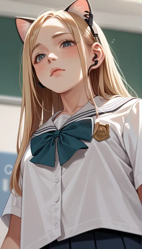 standing, high resolution, long hair, chest, blushing, blonde, cat ear, blurred, earphone, school uniform, (from below:1.2)