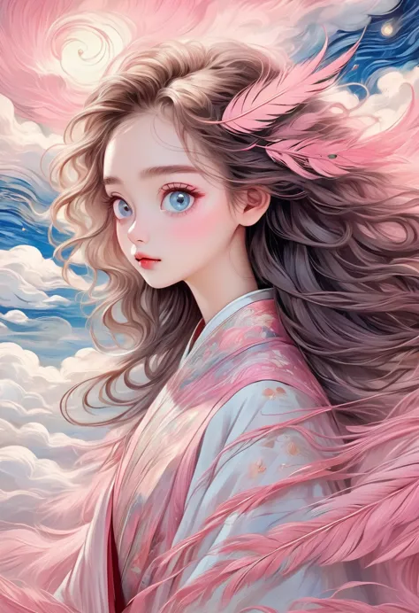 hand-drawn style：rough texture，（in the clouds，1 girl，beautiful face，big eyes，bright eyes，delicate lashes，fluffy messy long hair，...