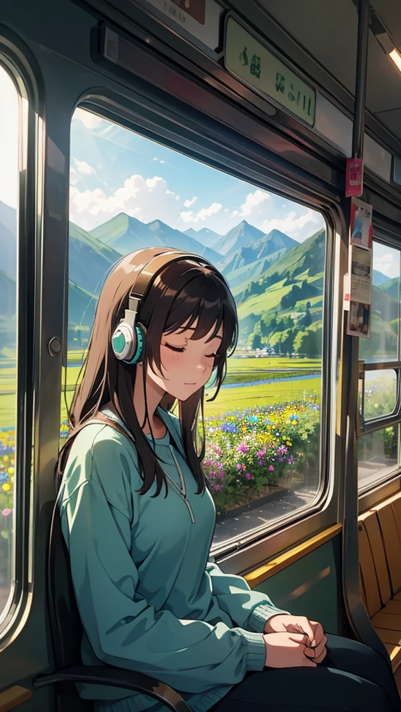 woman on the bus traveling through the mountains with headphones and eyes closed listening to music sitting next to the bus window a large window with beautiful landscapes in the background of green mountains and flower fields