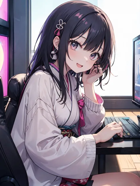 a cute japanese female idol livestreaming a video game. she has large expressive eyes, a bright smile, and long black hair with ...