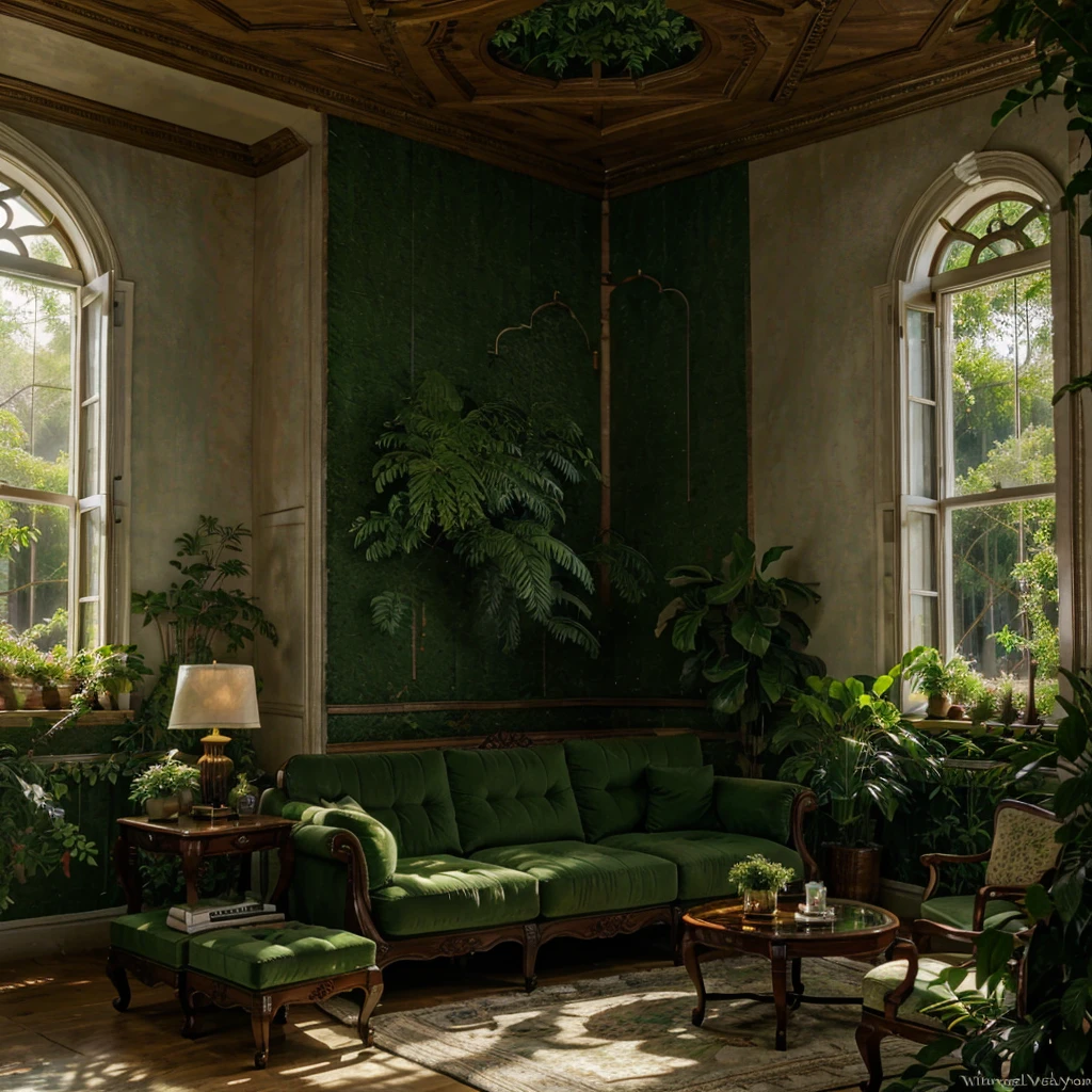 library, green walls. wood furniture, white sofa, luxury, plants, lot of nature light, fantasy art on walls