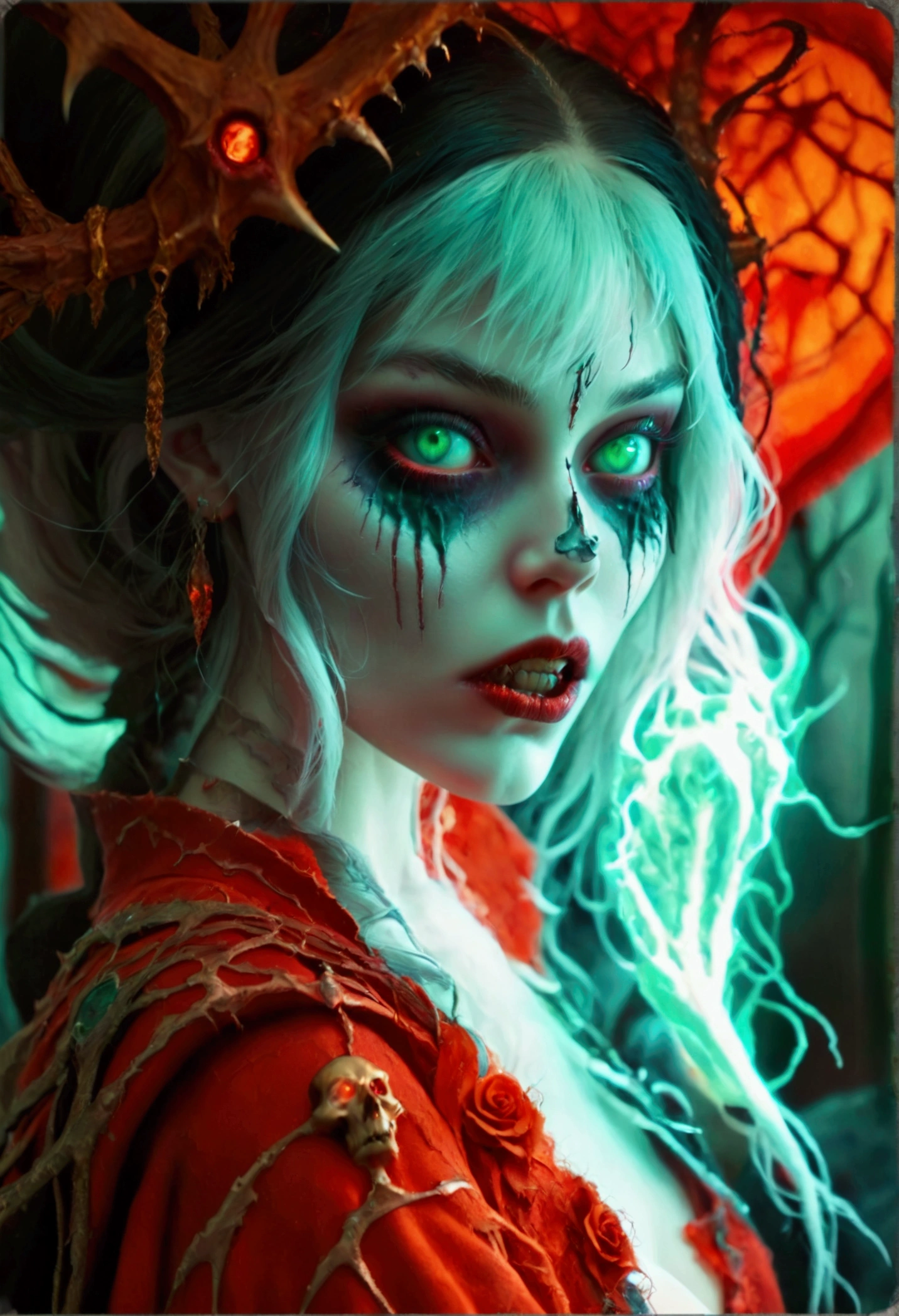 Create an image of a horrific sadistic psychotic but stunningly gorgeous alluring seductive evil dead girl, undead head, young baba yaga, seductive pose, full body view, showing complete body in frame,