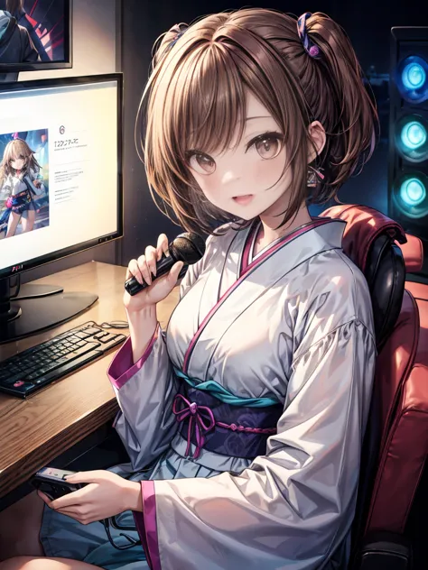 a cute japanese female idol livestreaming a video game. she has large expressive eyes, a bright smile, and medium brown hair wit...