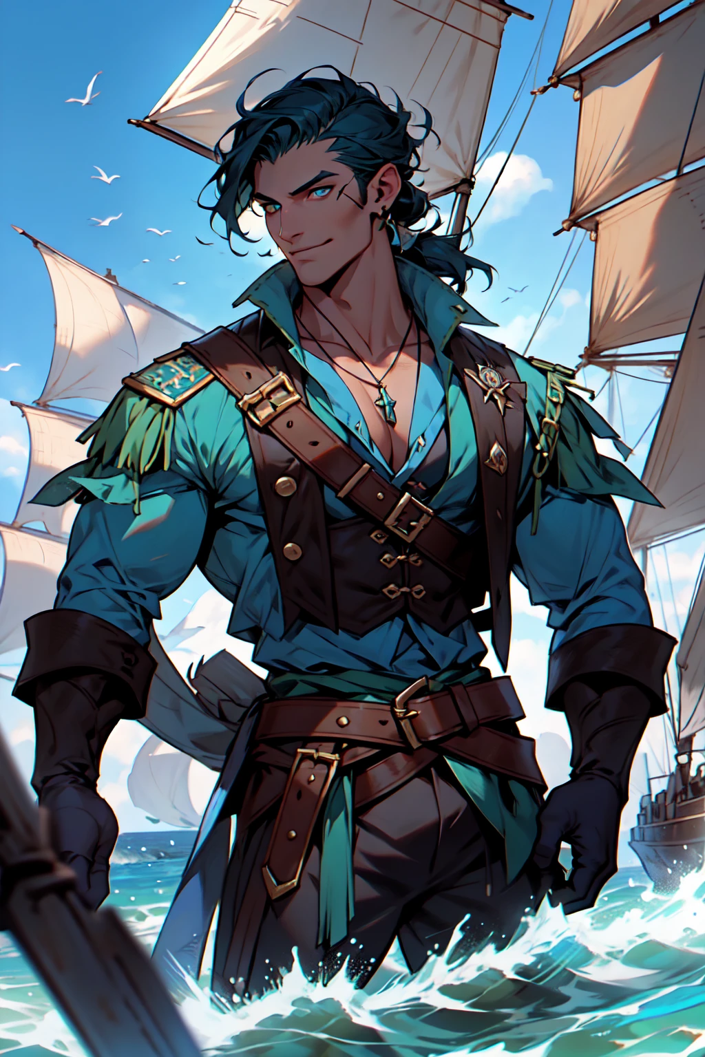 a dashing, tall, short-haired green-haired man bun male pirate, blue skin and captivating light blue eyes. pirate left black eye patch, black hair Adorned with muscular physique, boasting defined abs, Clad in black pirate armor and leather pirate gloves, he wears a confident smile, projecting a grand and formidable posture, Standing atop a pirate ship sailing the seas amidst pirate warfare, as the day breaks through the morning sky