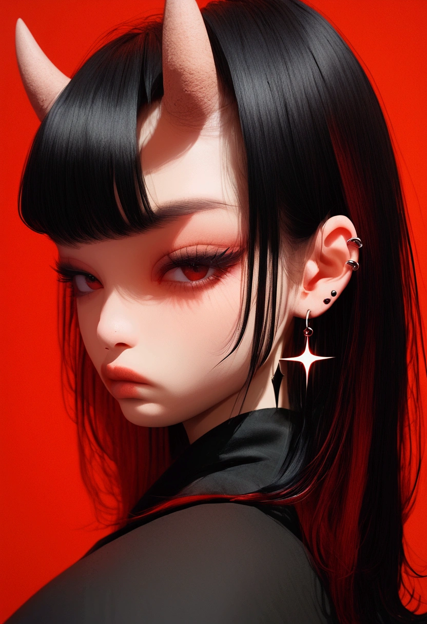 no horns, asian, light complexion, light korean, complexion, blur, pretty eyes, long eyelashes, no cats, twinkle, sparkle, emo, wolf cut hairstyle, wolf cut, score_9, score_8_up, score_7_up, Goth girl, goth girl 1girl, 1girl,solo,long hair,looking at viewer,bangs,black hair,red eyes,jewelry,closed mouth,jacket,upper body,red hair,multicolored hair,earrings,horns,from side,two-tone hair,black jacket,piercing,border,ear piercing,red background,