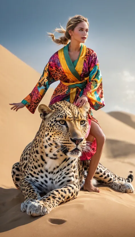 sand sculpture style,  ultra-sharp details，spectacular views，a huge crystal leopard ran towards，beautiful girl riding on his bac...