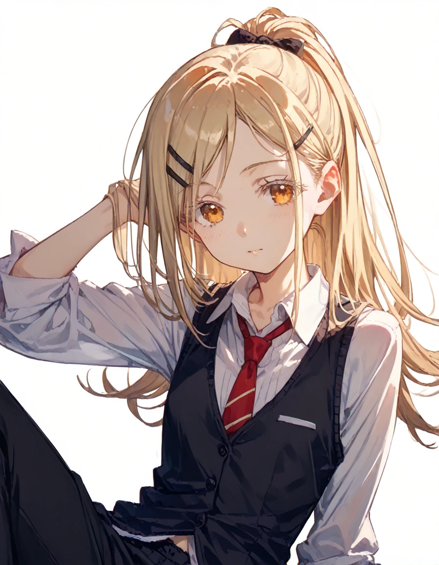 shinosawa hiro,slender,amber eyes,white eyelash,blonde hair,long hair,hairclip,white background,flat chest,necktie,black vest,black pants,ponytail,