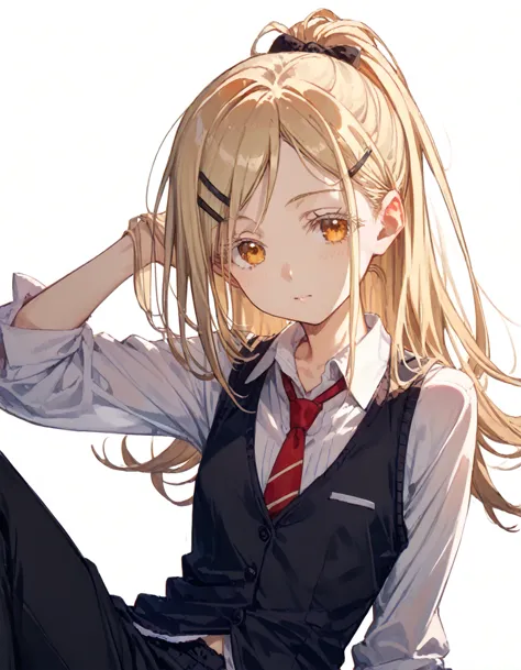 shinosawa hiro,slender,amber eyes,white eyelash,blonde hair,long hair,hairclip,white background,flat chest,necktie,black vest,bl...