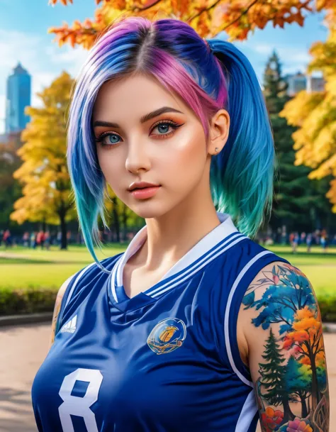 1girl, masterpiece, 8k, high quality, very detailed, beautiful face, detailed eyes, tattoo on neck, blue sport uniform, city par...