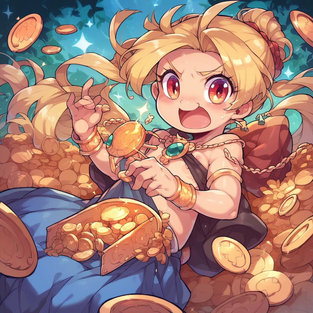 A child with long yellow hair with LOTS of gold,gold coins around it