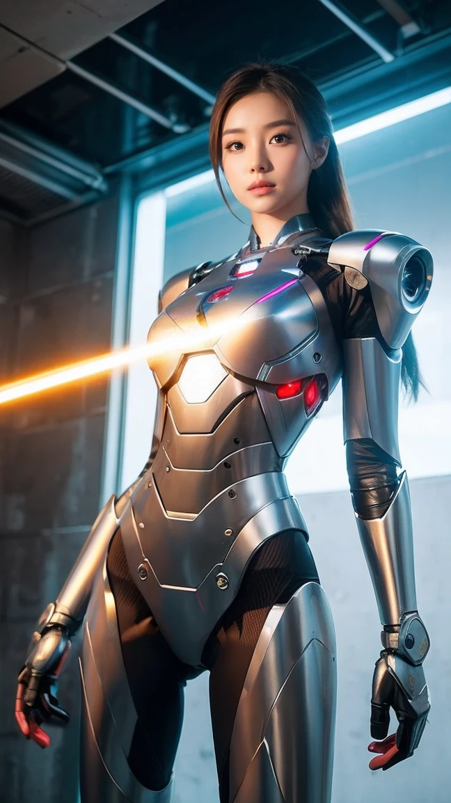 beautiful thai girl, Silver Iron Man Suit,((robot)),  Dressing in a revealing manner, Nude sexy, full metal armor, (small led light), Bare midriff and waist, Open the abdomen., The abdomen is fully exposed., Cowboy Shot, realistic, photorealistic, High quality, 8ก, very detailed, Masterpiece, dynamic gesture, incredible light, laser, Jet plane, sci-fi, of the future, bright colors, Wear a high-tech helmet, Digital HUD. Shoulder rocket launcher