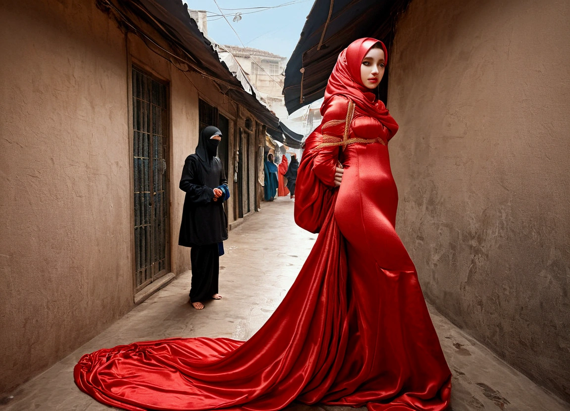 A woman shrouded in a 9-meter-long, plush red satin cloth, tightly bound and grandly draping along the form of her body, flowing off into a pooled floor-length train, styled in a mermaid-inspired outfit with ballon sleeve, her head modestly veiled in a satin hijab, tall woman, walk in wet traditional market, a full-body pose conveying a sense of elegance, captured in a 4k resolution, ultra-realistic