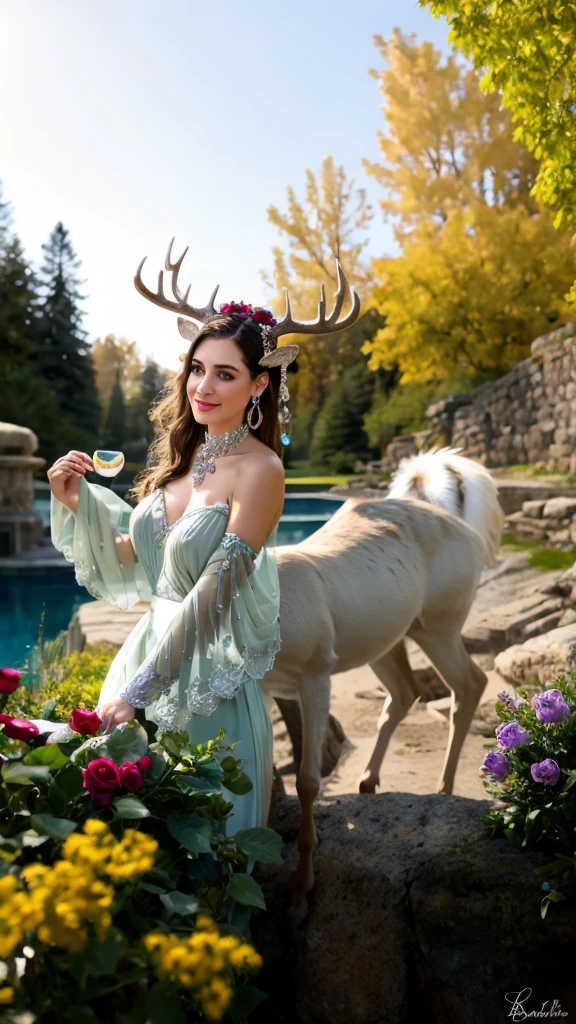 (masterpiece, best quality), intricate details, realistic, photorealistic, a close up of a woman wearing earrings, inspired by Emma Andijewska, draped in crystals, silver color, long earrings, sandra chevier, huge earrings, 2019, blue-eyed, platinum jewellery, earring, flawless structure, silver earring,  deer antlers,smiling,deer