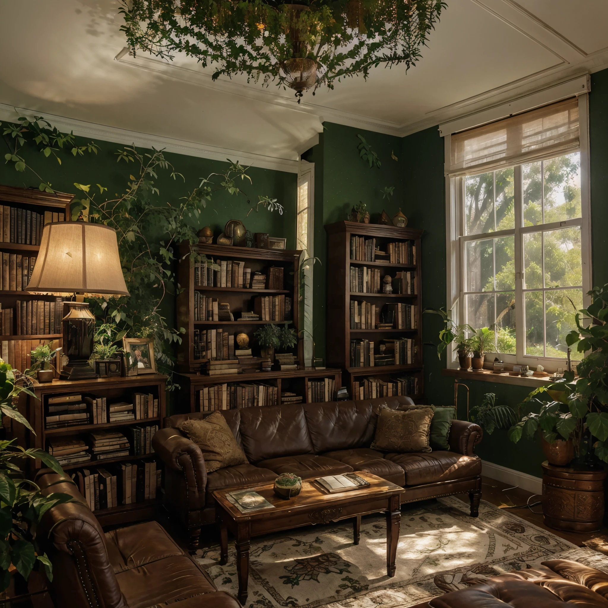 library, (green walls). wood furniture, ((white couch)), luxury, plants, lot of nature light, fantasy art on walls, bookshelf, desk, antique lamp, curtains, (fish eye lens view), computer, mat