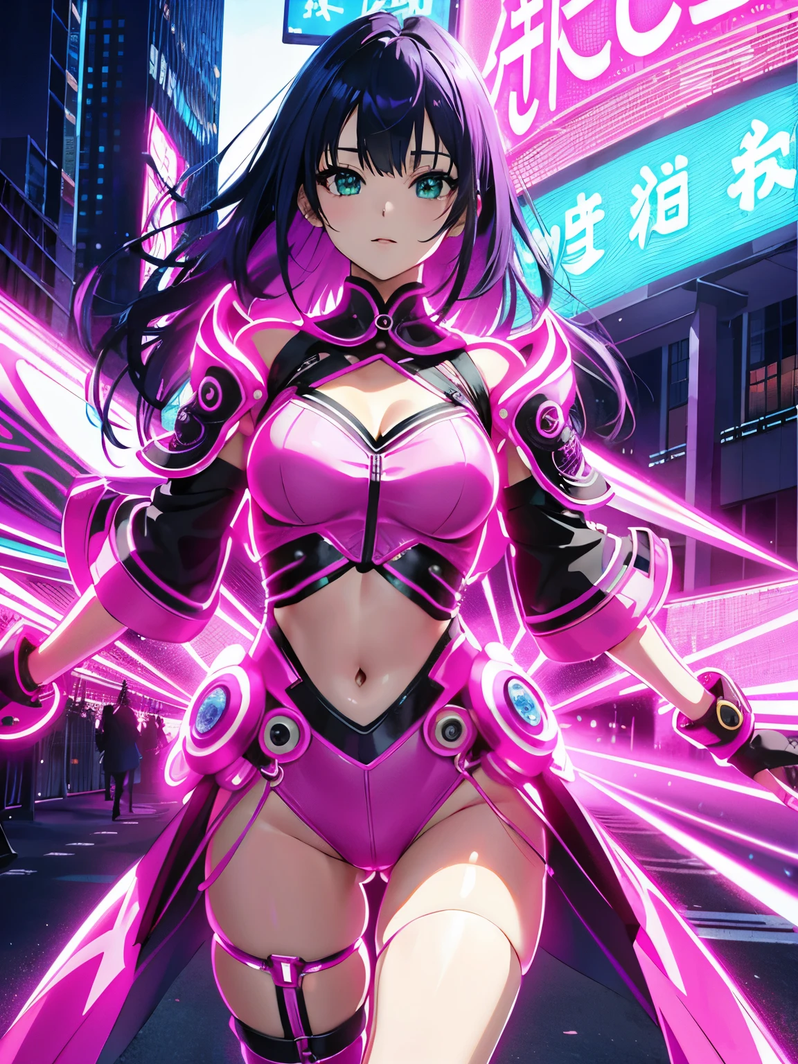 (highest quality、4K、8K、High resolution、masterpiece:1.2)、Super detailed、(anime style、photorealistic:1.37)、girl in neon clothes、purple hair、swept bangs、long hair、lime green eyes、neon light、Bright colors、Shining atmosphere、futuristic fashion、shiny fabric、neon sign、Bustling city streets、confident pose、vibrant energy、nightlife sensation、 dynamic movement、creative patterns、Intense saturation、edgy style、kaleidoscope reflection、Fashion Forward、fluorescent light